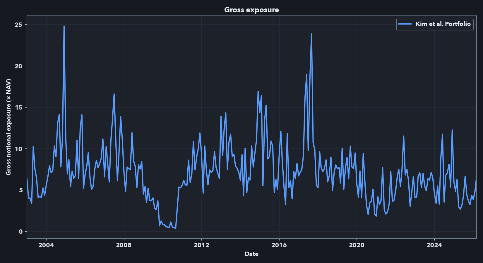 Gross exposure through time for the frictionless Kim-style portfolio